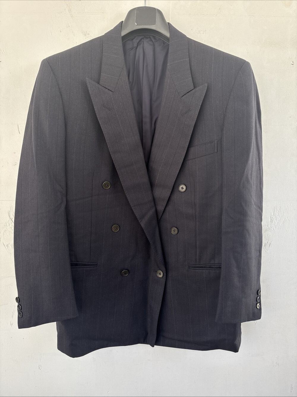 Ermenegildo Zenga Wool Blazer Double Breasted Peak Lapel Black Pinstripe Sz L 52